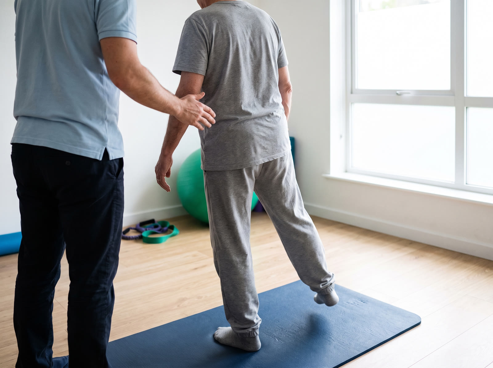 Patient übt unter Anleitung eines Physiotherapeuten das Gleichgewicht auf einer Matte