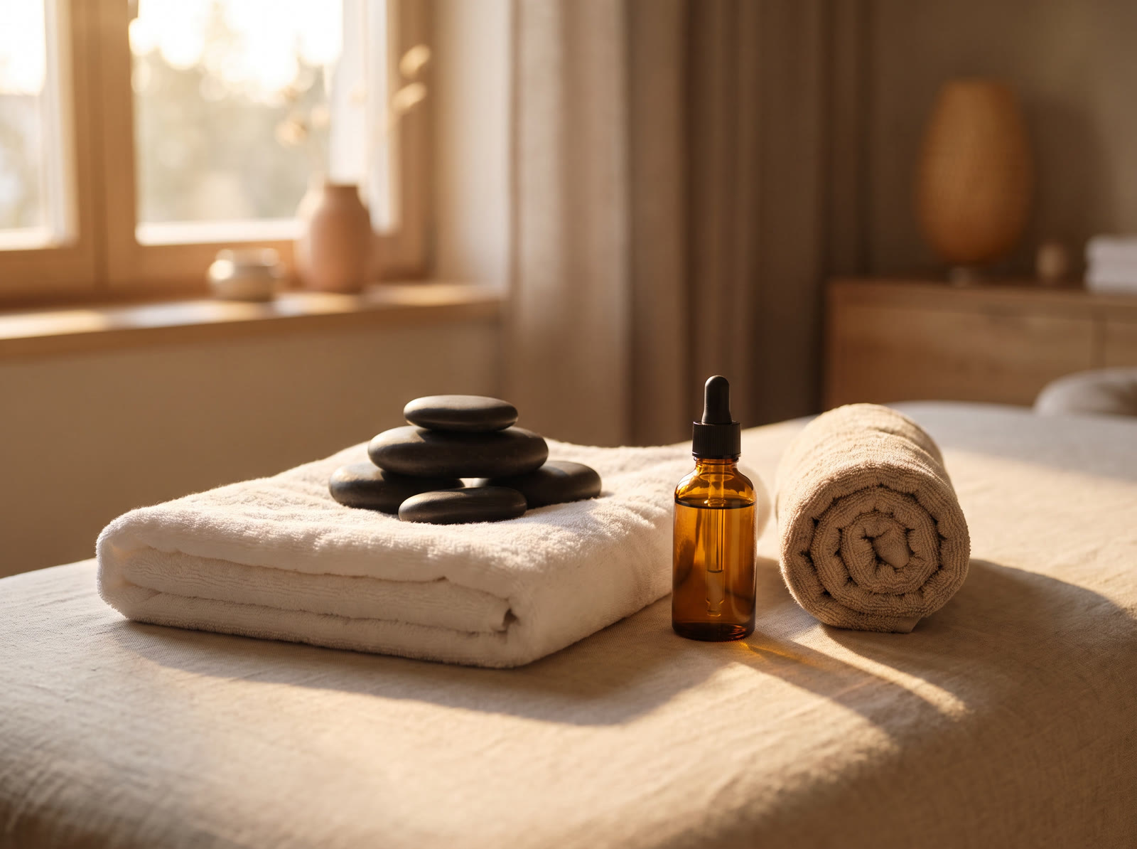 Basaltsteine, Massageöl und Handtücher für eine Wellness-Anwendung